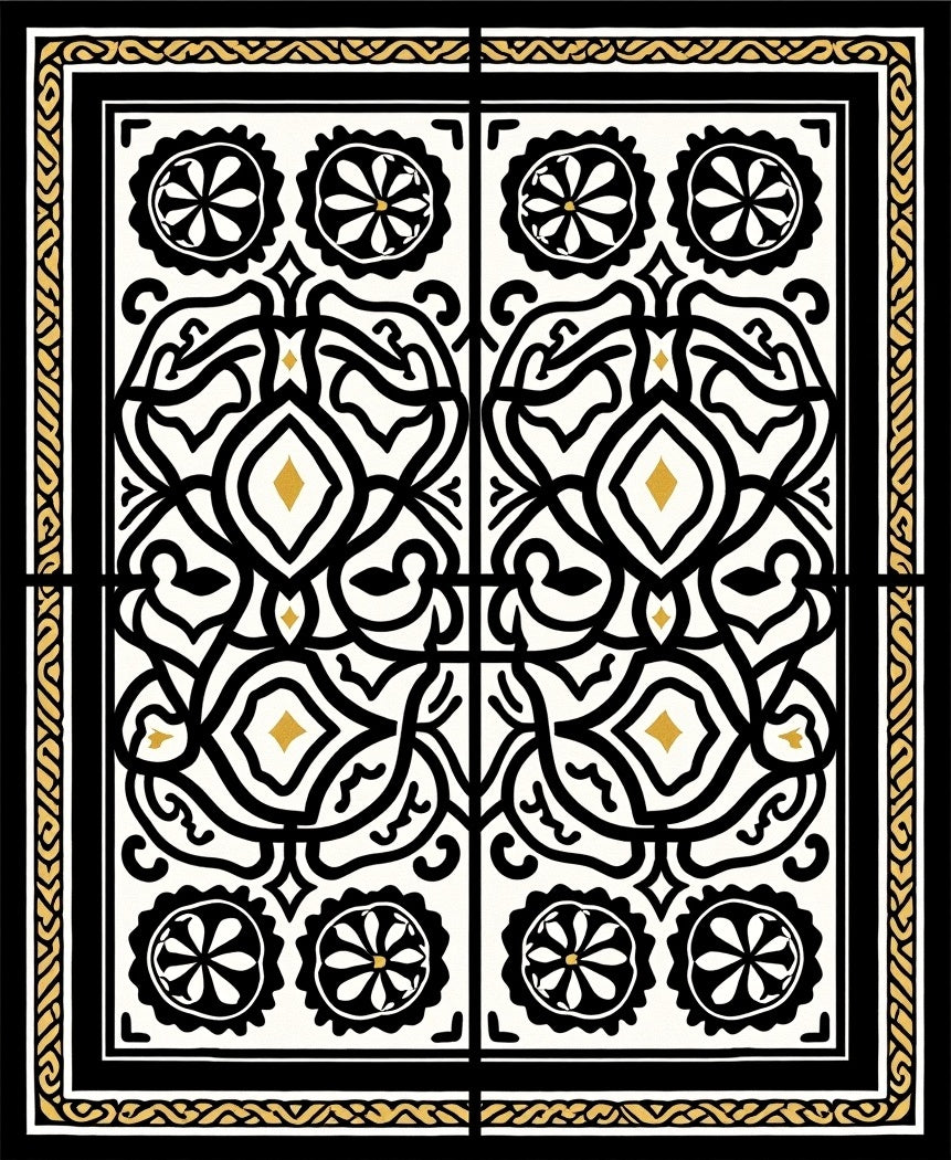 Intricate Black Gold Floral Tile Rug