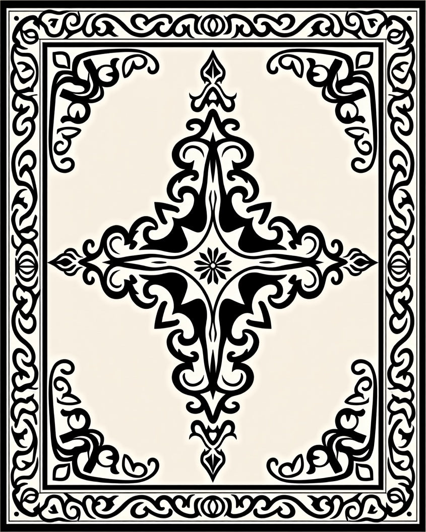 Black Cream Ornamental Scrollwork Pattern Rug