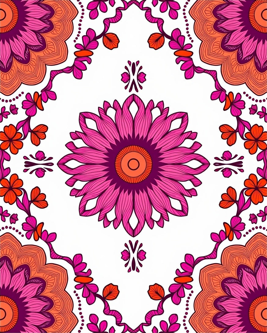 Vibrant Pink Orange Floral Mandala Pattern Rug