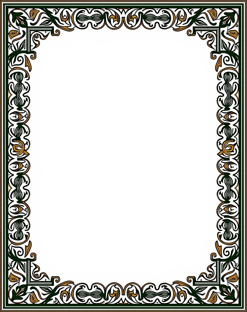 Ornate Green and Gold Filigree Border Rug