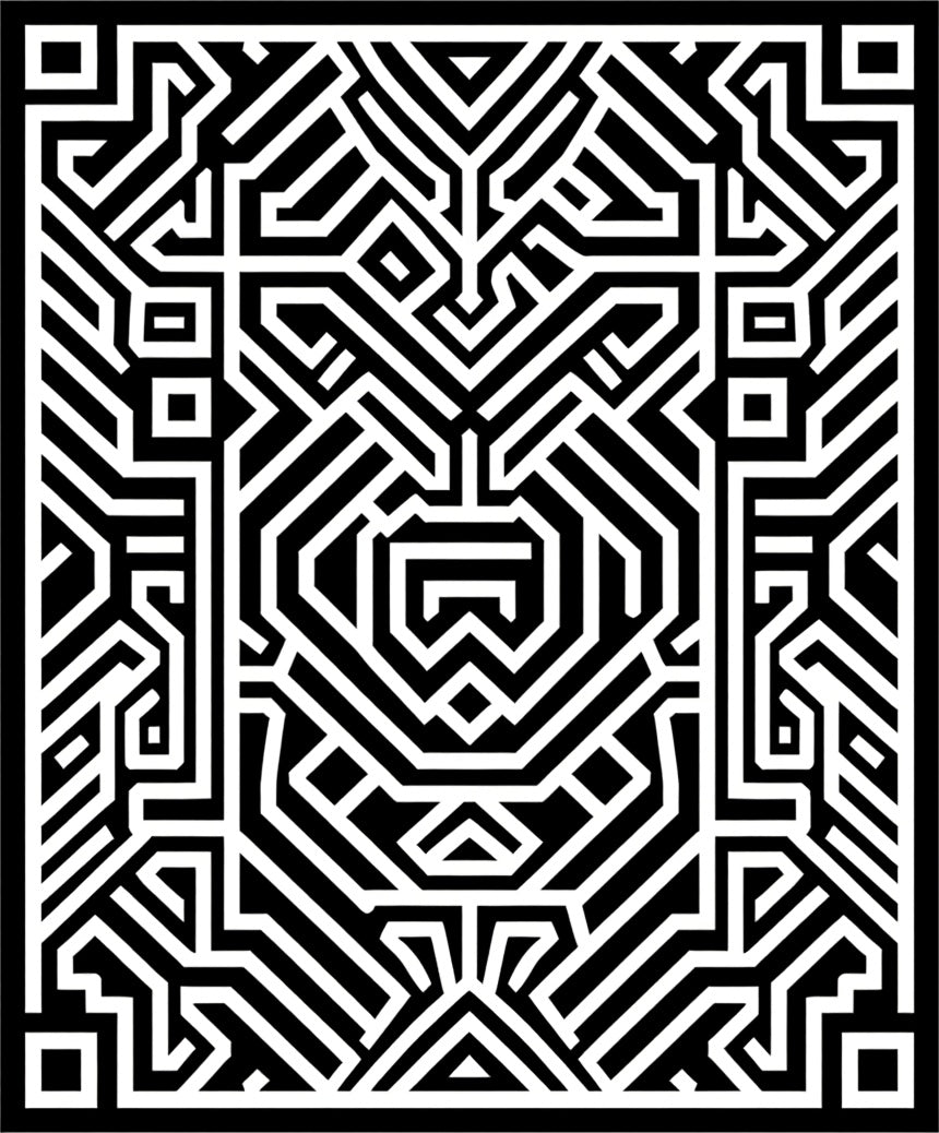 Black White Geometric Maze Pattern Rug