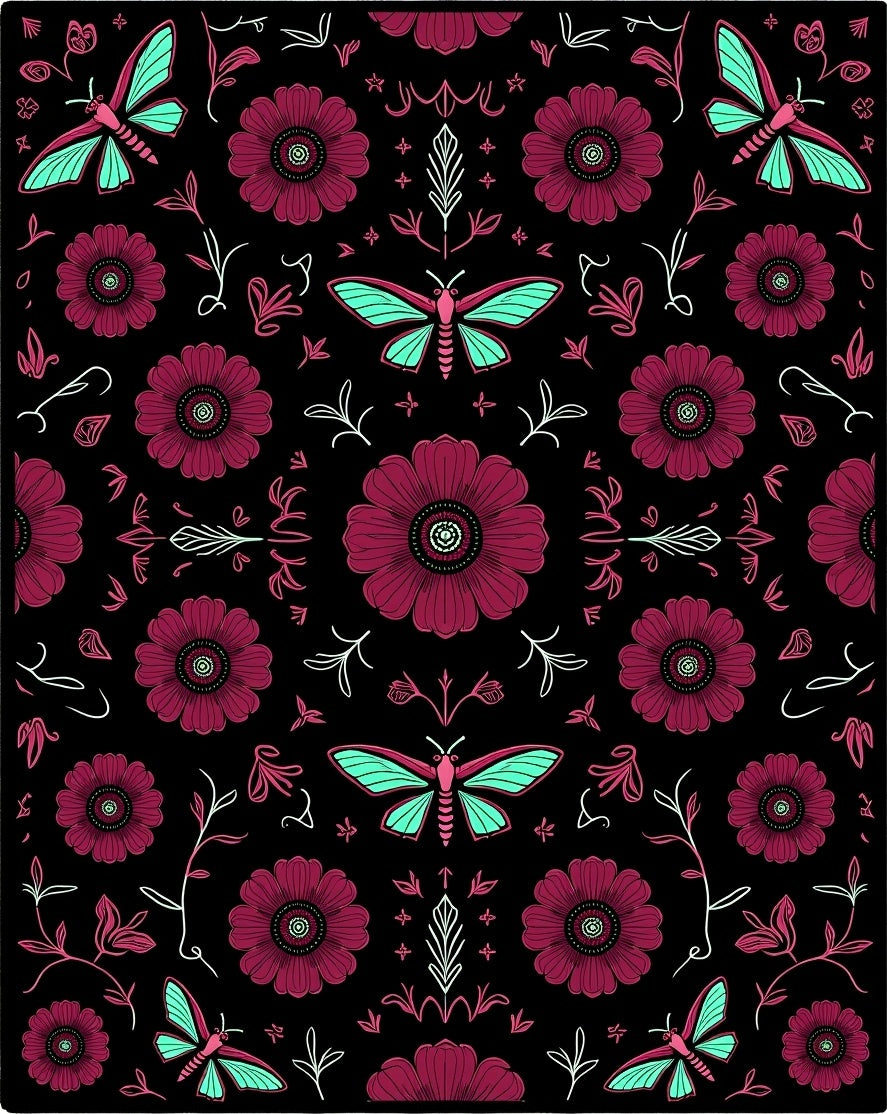 Crimson Flower Turquoise Butterfly Collage Rug