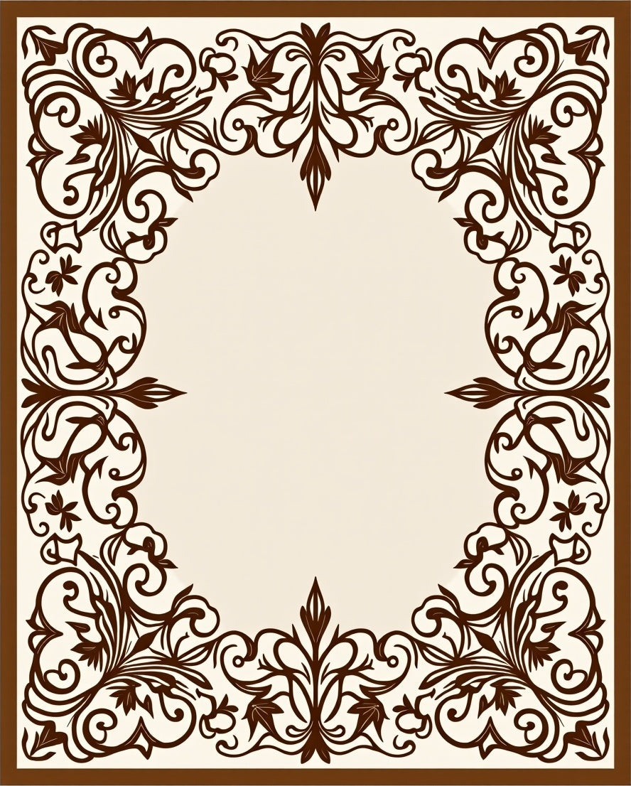 Brown Floral Scrollwork Border Pattern Rug