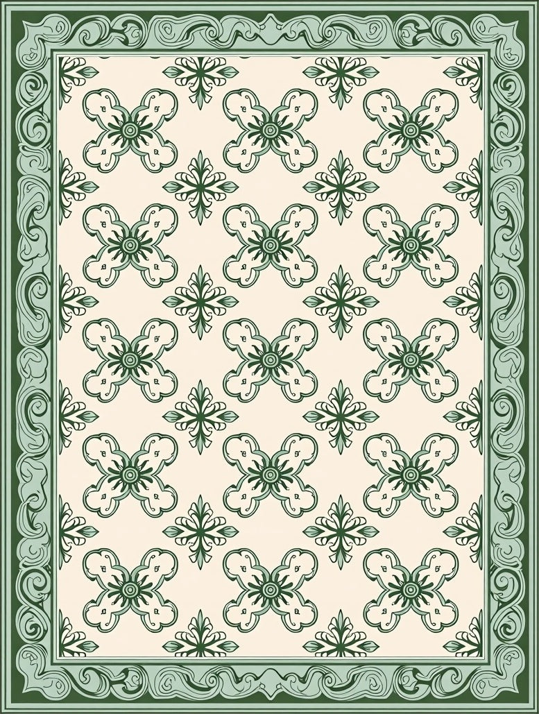 Classical Green Floral Repeating Pattern Rug