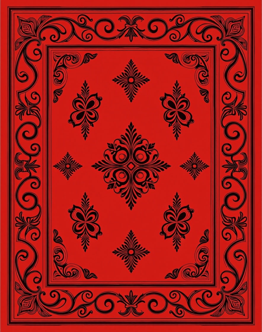 Crimson Black Floral Scroll Pattern Rug
