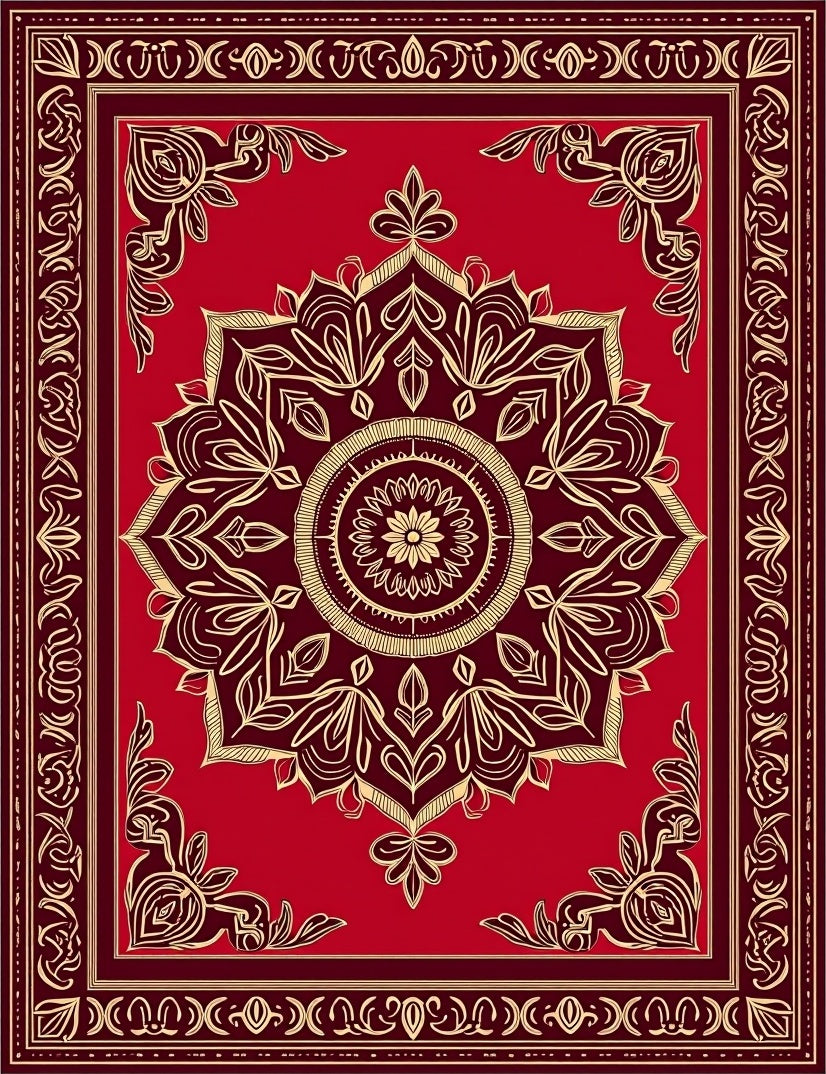 Red Gold Floral Medallion Rug