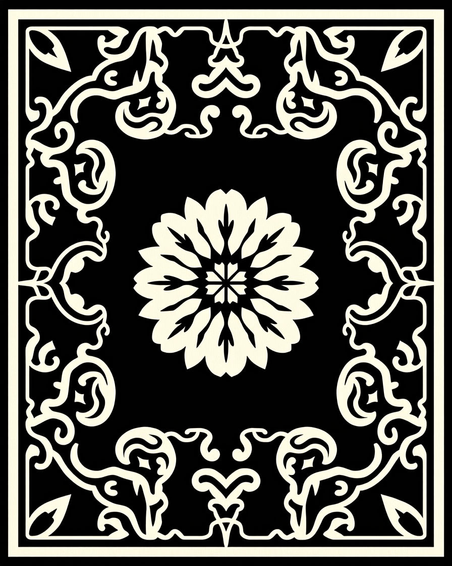 Elegant Black Cream Floral Pattern Rug