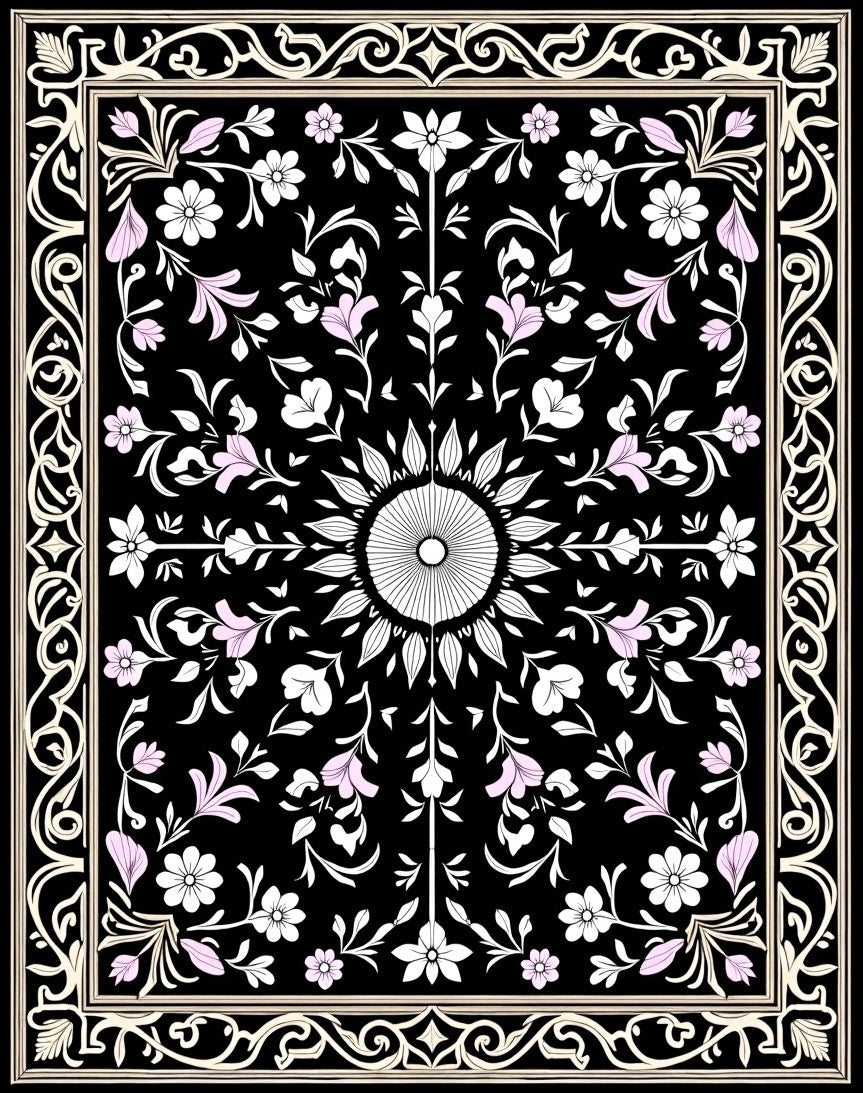 Elaborate Floral Medallion Black Rug