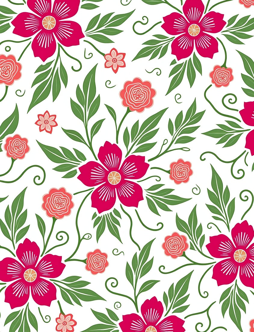Whimsical Pink Floral Vine Pattern Rug