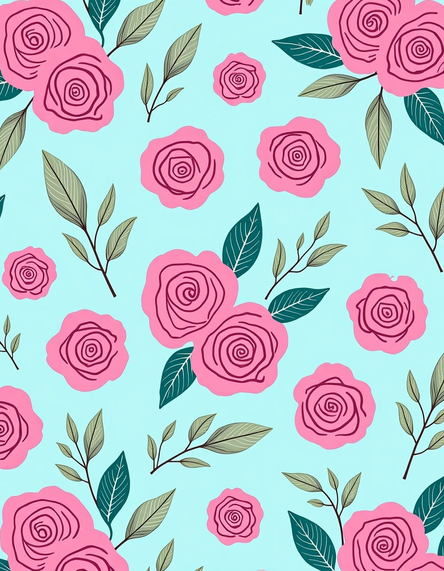 Pink Roses With Green Leaves Pattern Rug