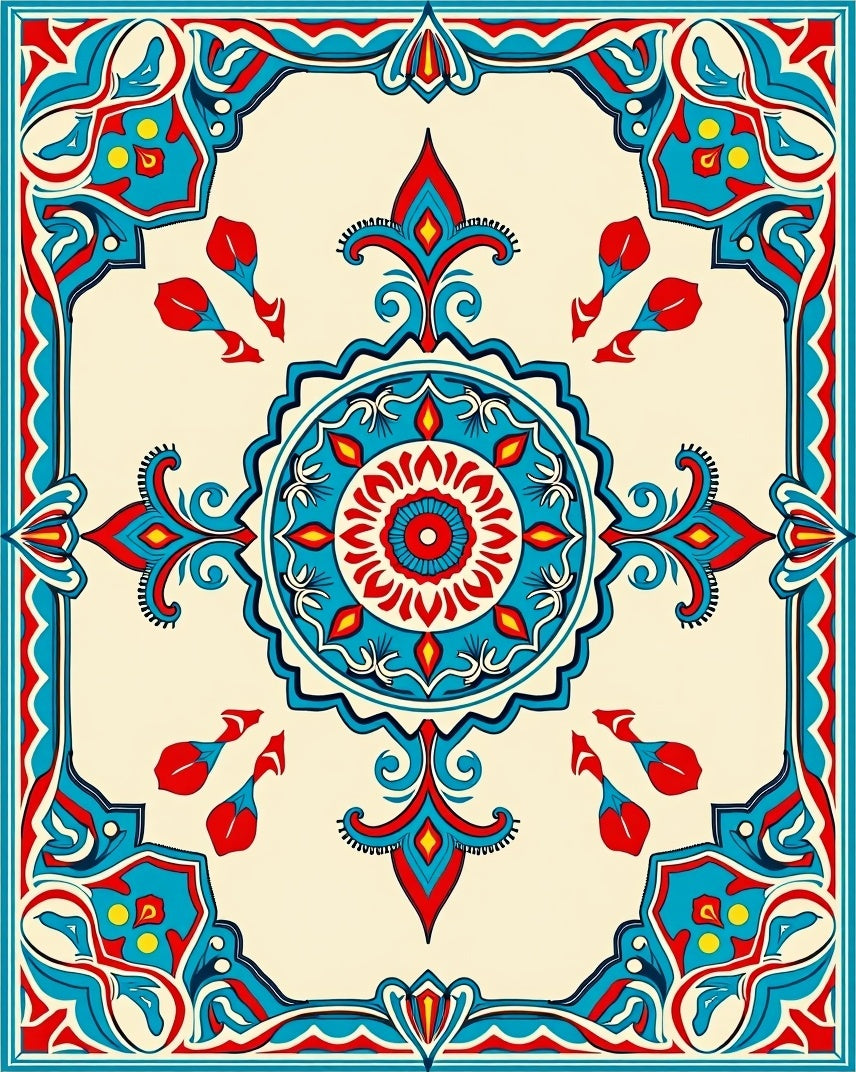 Vibrant Blue Red Floral Mandala Pattern Rug