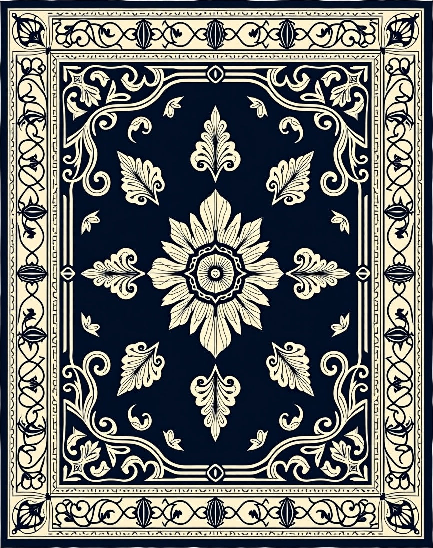 Ornate Floral Medallion Cream Navy Rug