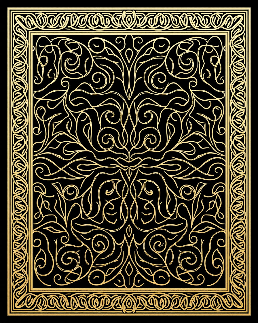 Ornate Black Gold Scroll Art Rug