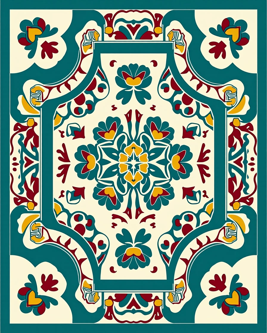 Ornate Teal Crimson Floral Medallion Rug