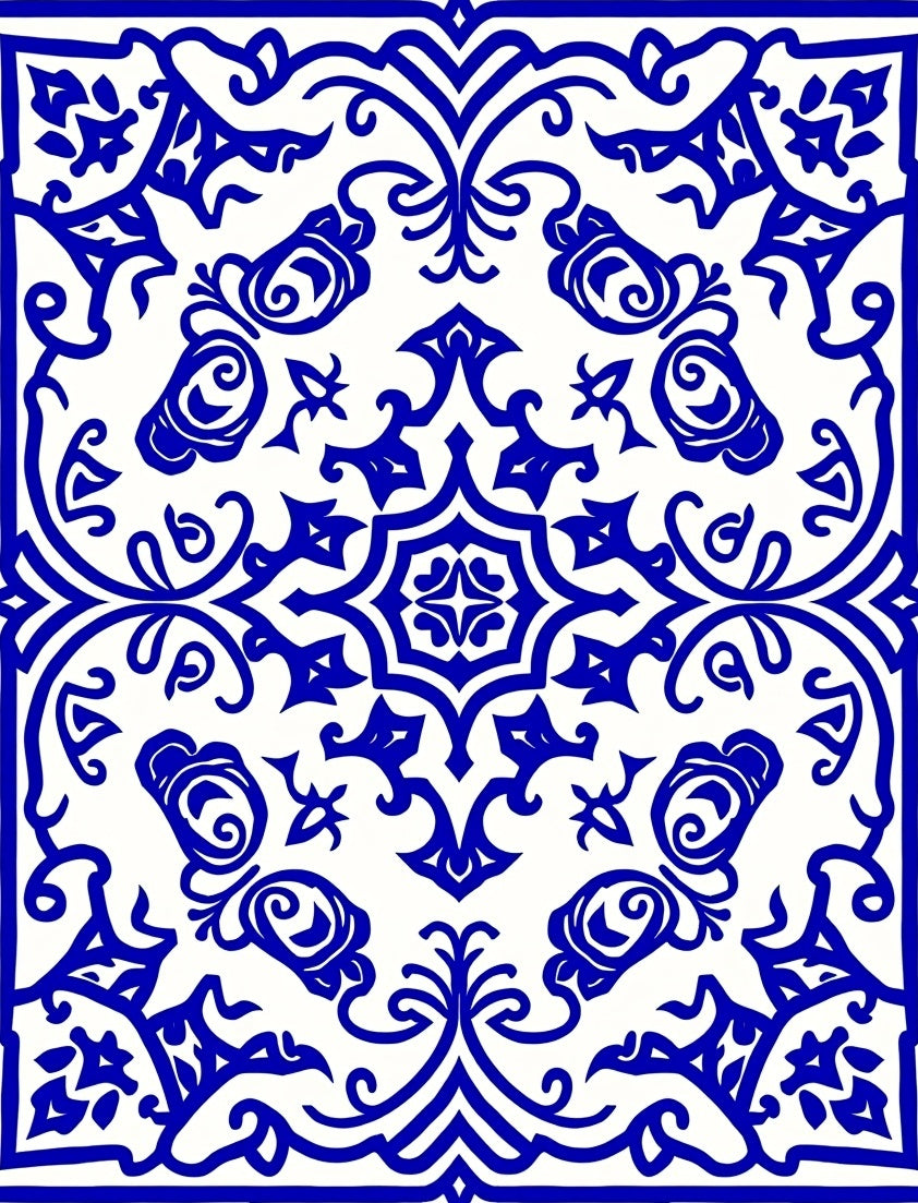 Royal Blue Floral Scroll Pattern Rug