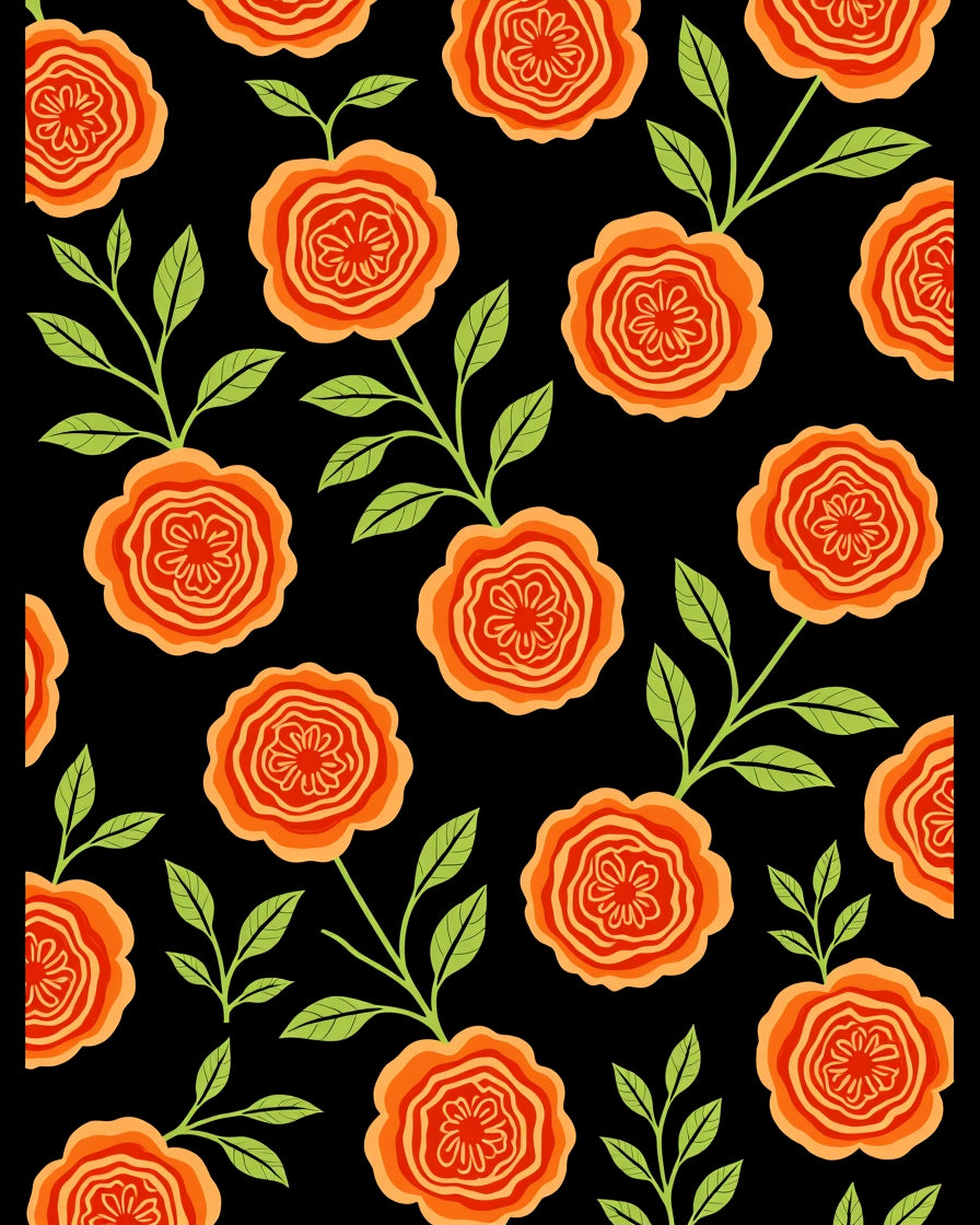 Orange Floral Pattern With Green Leaves Rug