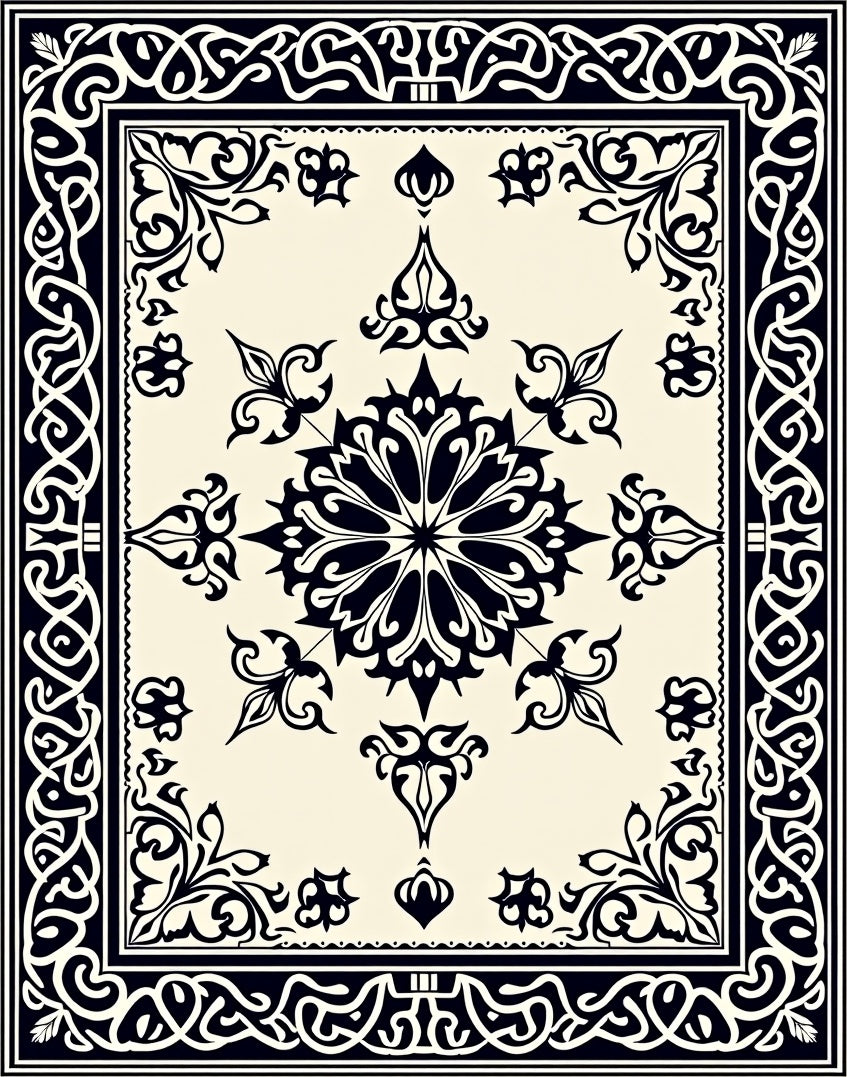 Classic Black Floral Medallion Border Rug