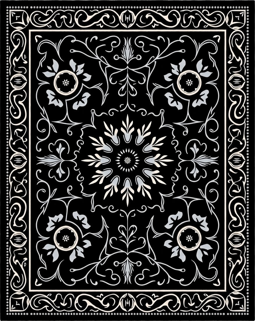 Elegant Black Floral Scrollwork Pattern Rug