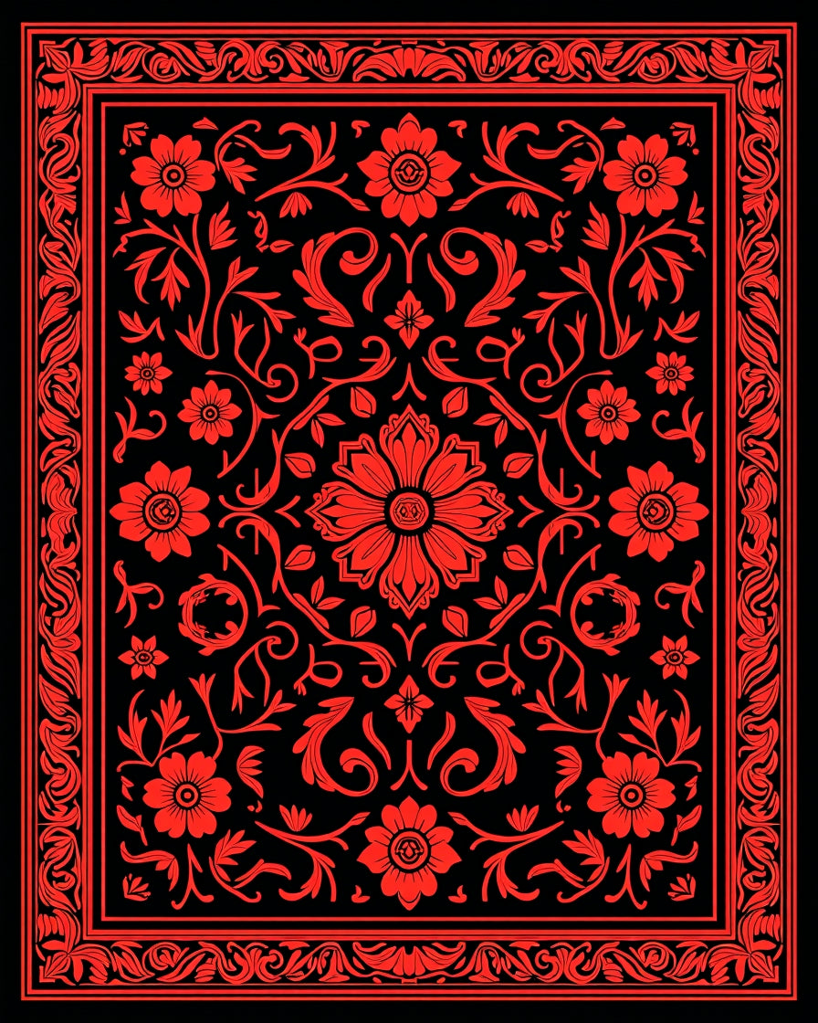 Deep Red Floral Vines Pattern Rug