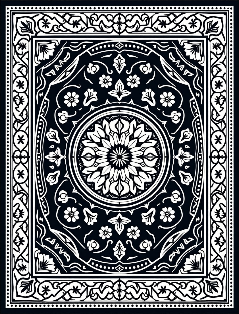 Intricate Floral Mandala Black White Design Rug