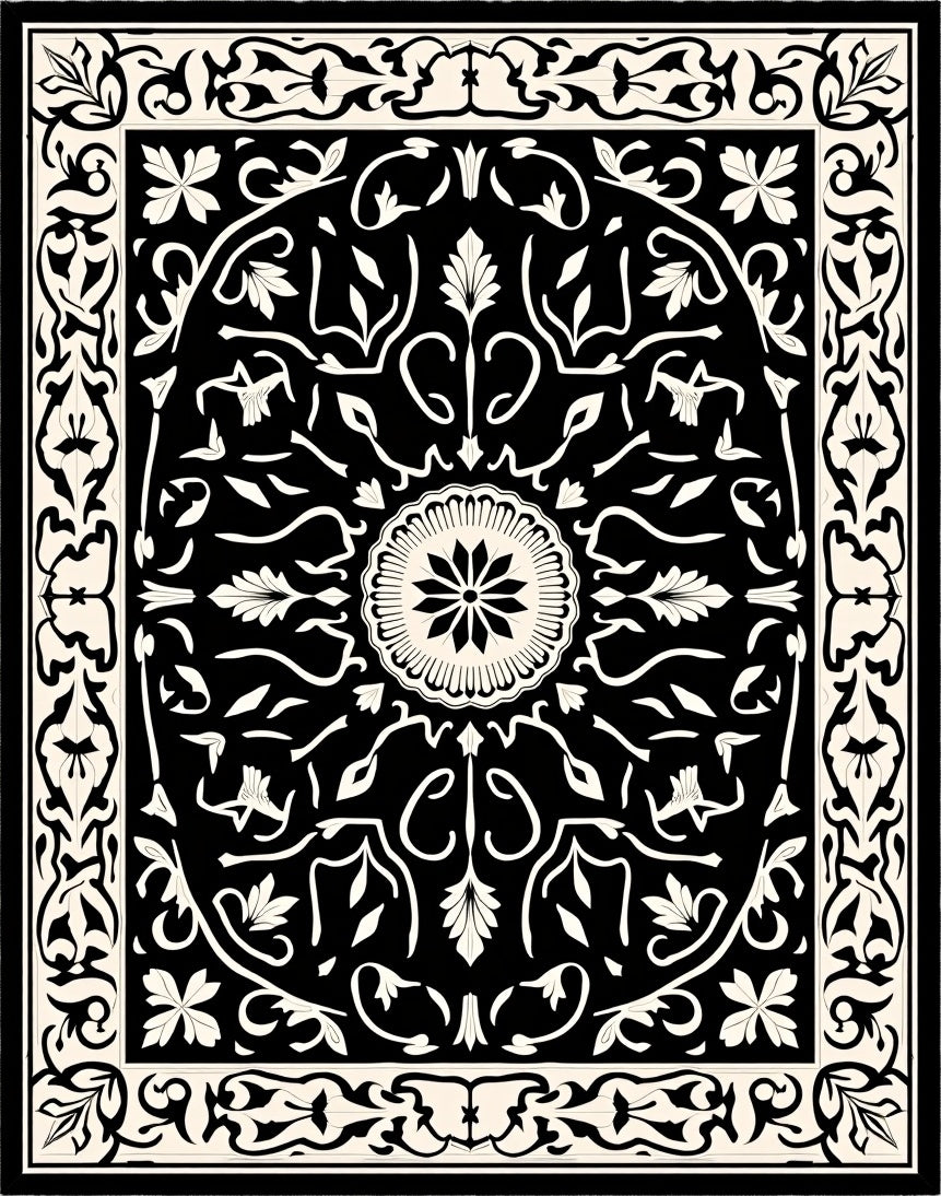 Black Cream Floral Medallion Design Rug