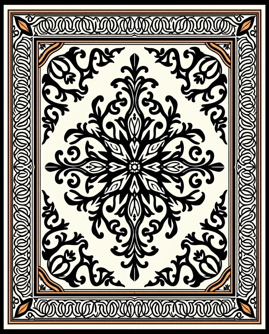 Ornate Black White Floral Scroll Rug