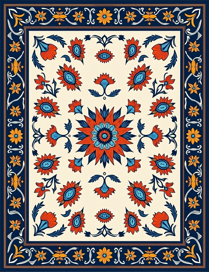 Bold Floral Pattern with Vine Borders Rug