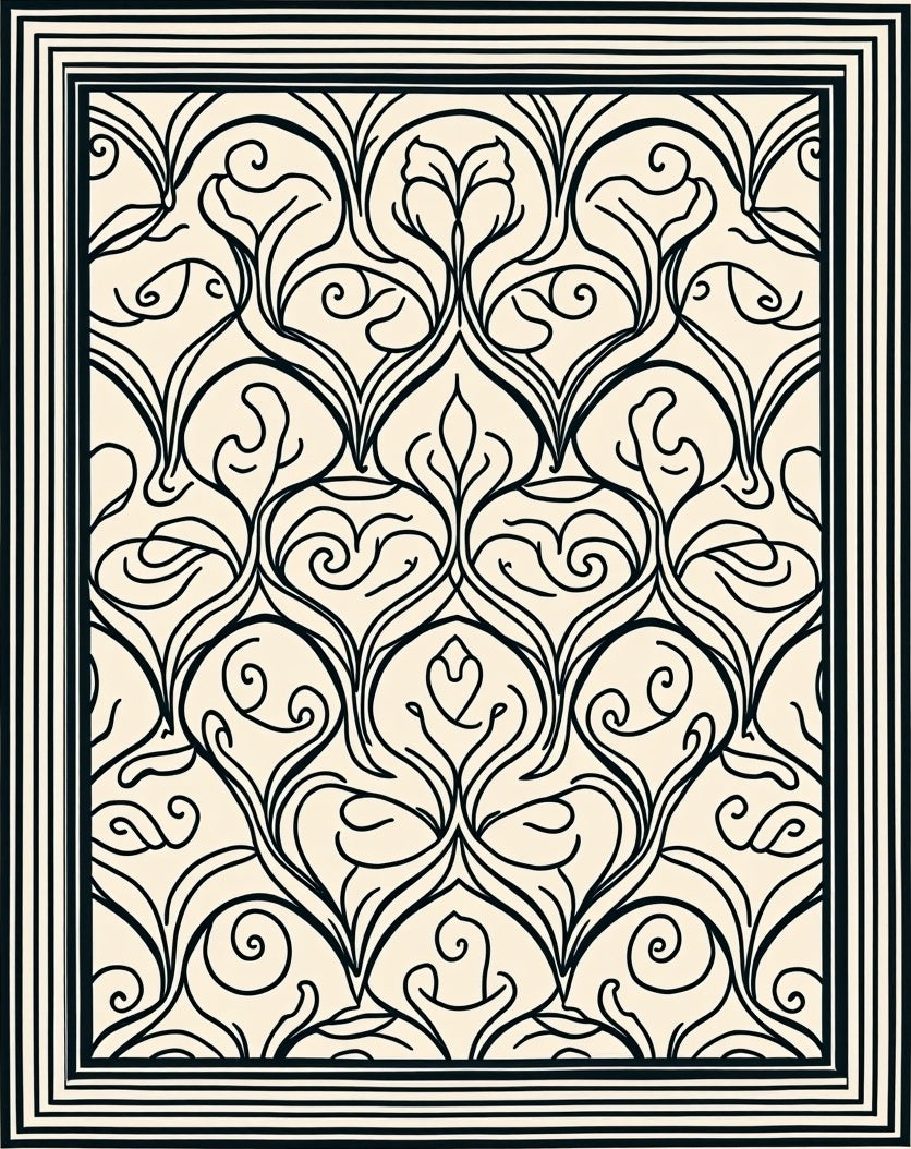 Damask Floral Scroll Black Cream Rug