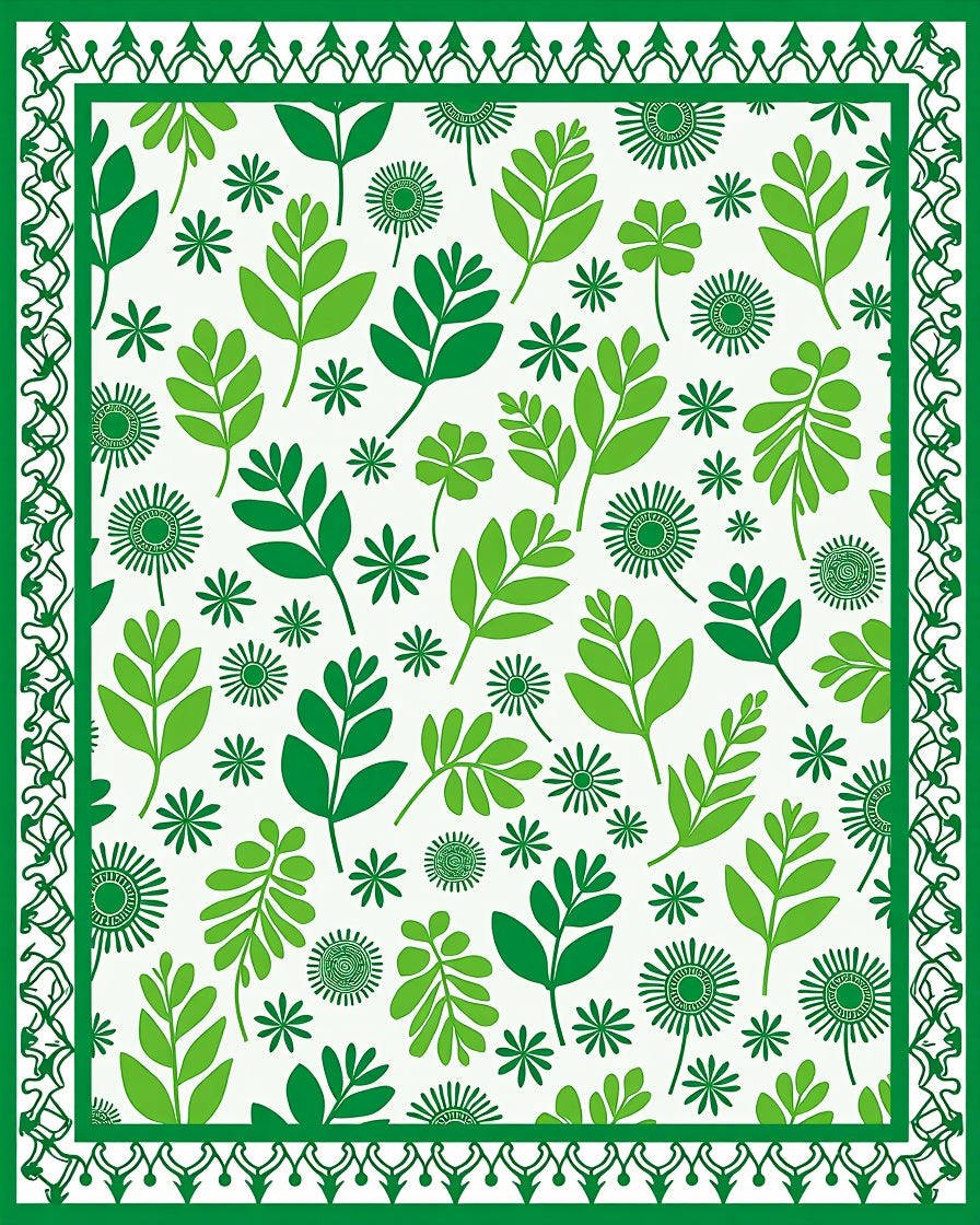 Green Leafy Floral Bordered Rug