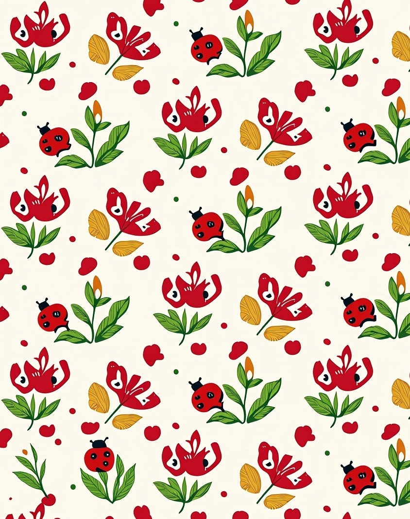 Red Ladybug Floral Garden Pattern Rug