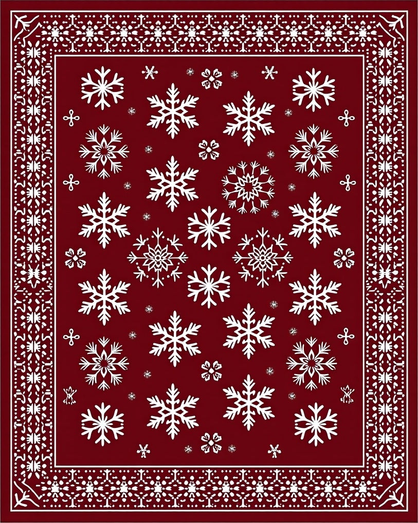 Deep Red Snowflake Wonderland Border Rug