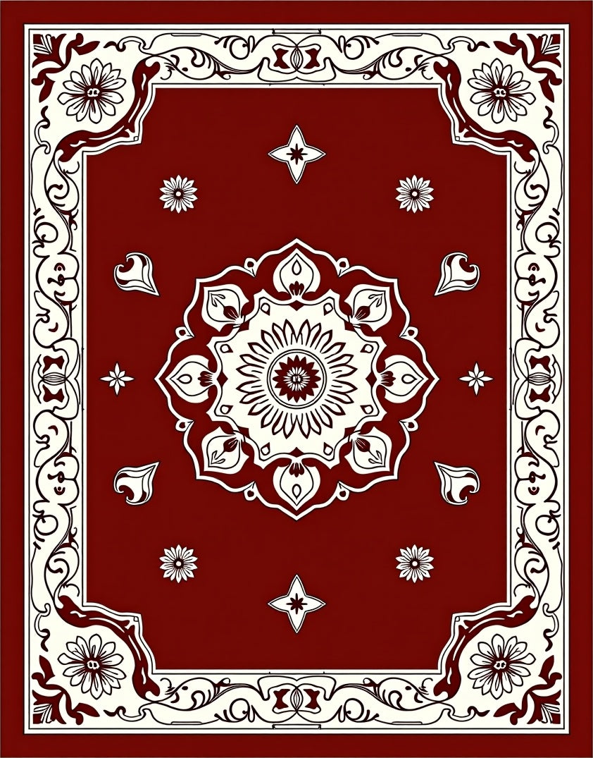 Rich Red Floral Medallion Border Rug