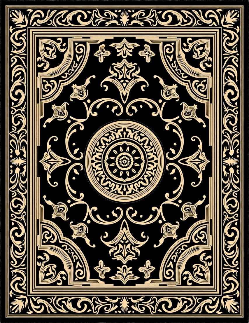 Black Gold Ornate Central Medallion Rug