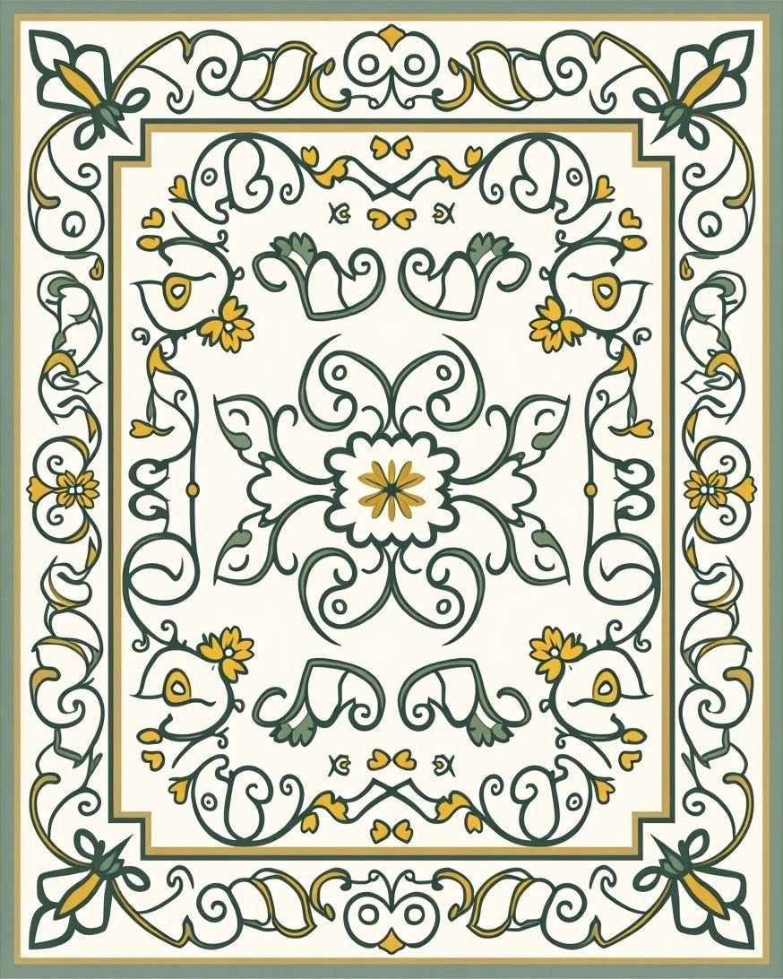 Ornate Green Yellow Floral Scroll Rug
