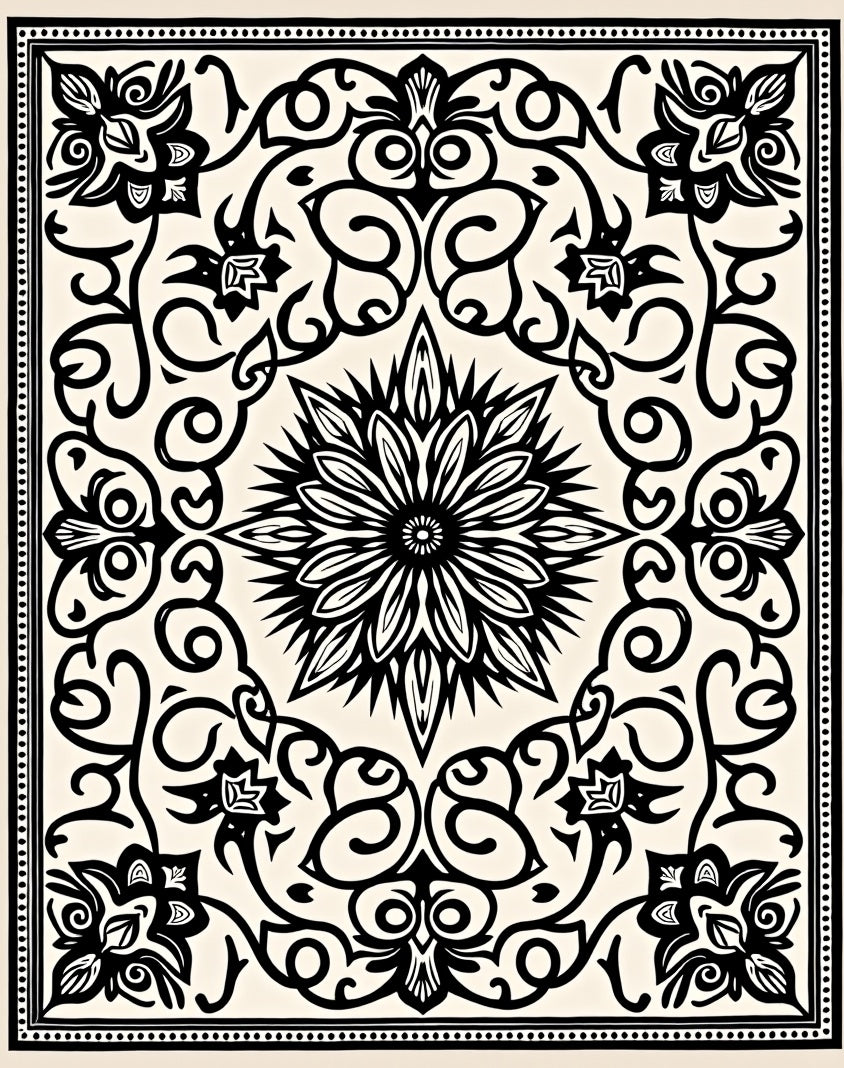 Intricate Black Floral Scroll Pattern Rug