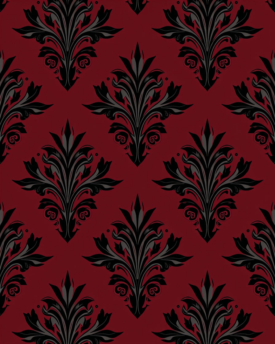 Dark Red and Black Damask Pattern Rug