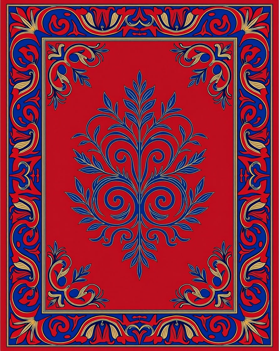 Royal Red Blue Gold Floral Border Design Rug