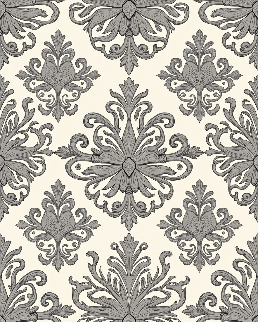 Elegant Gray Damask Floral Pattern Rug