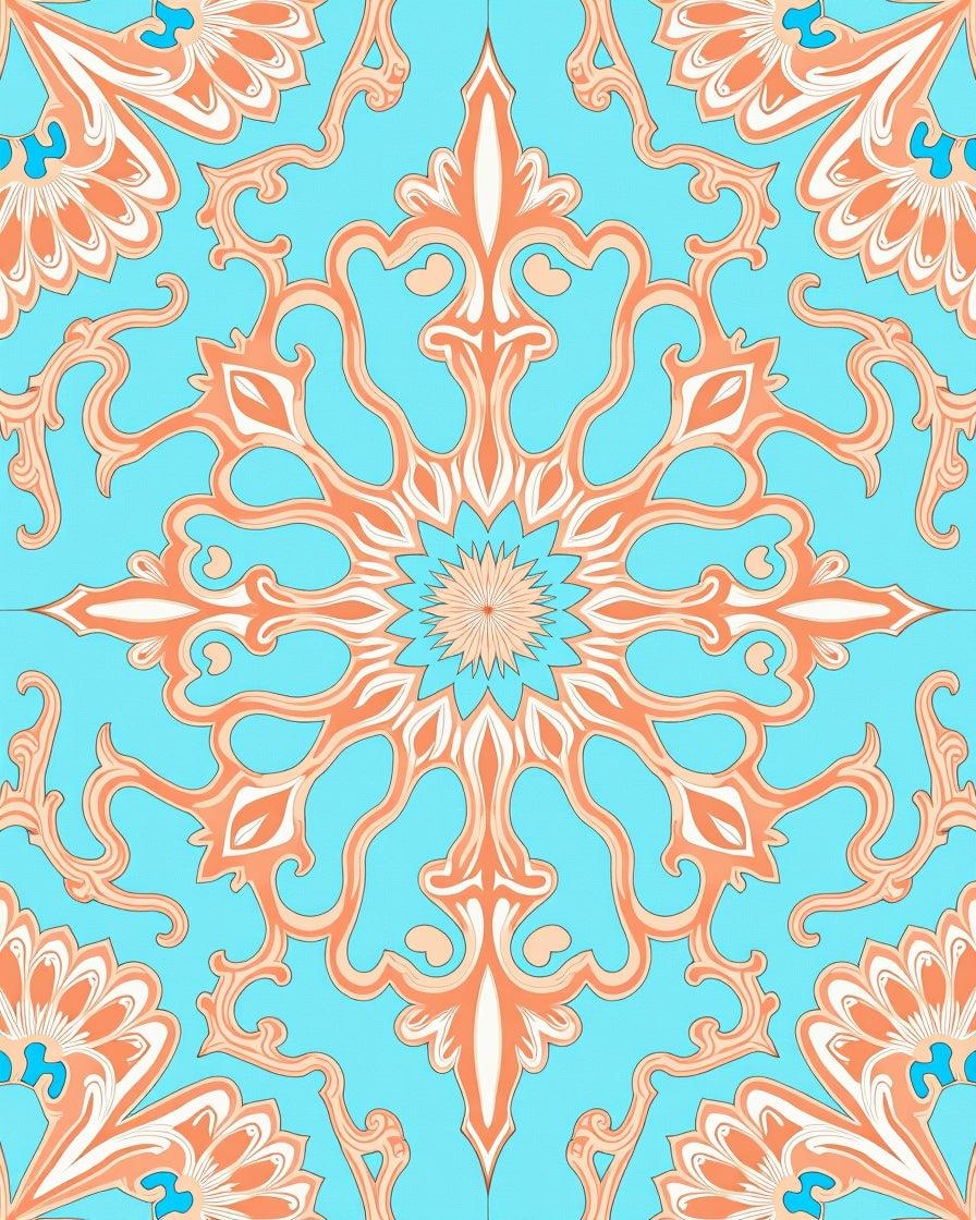 Coral Blue Floral Medallion Pattern Rug