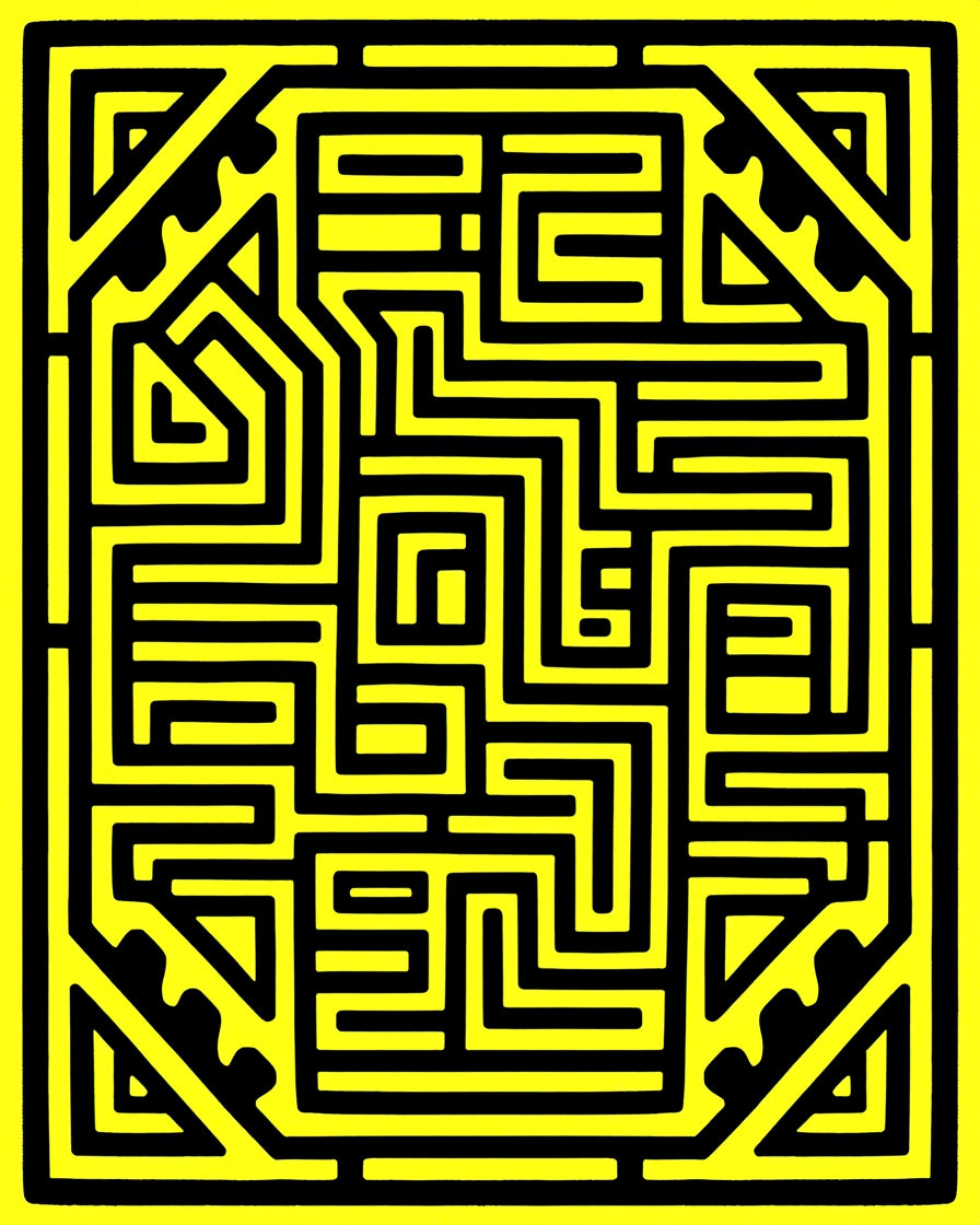 Bold Black Geometric Maze Pattern Rug