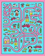 Cute Pink Yellow Dog Cars Maze Rug