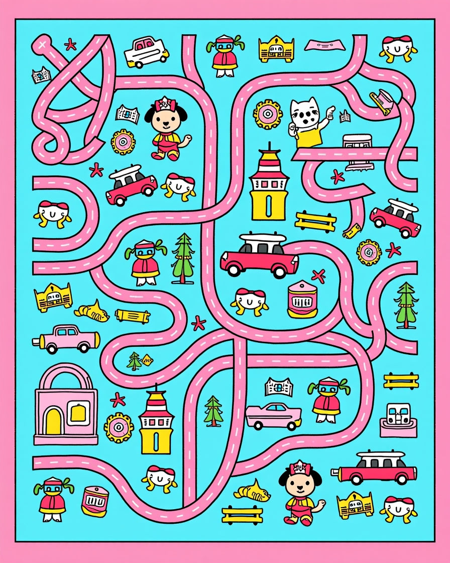 Cute Pink Yellow Dog Cars Maze Rug