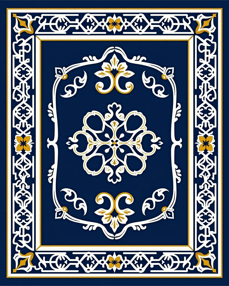 Classic Navy White Gold Ornamental Rug