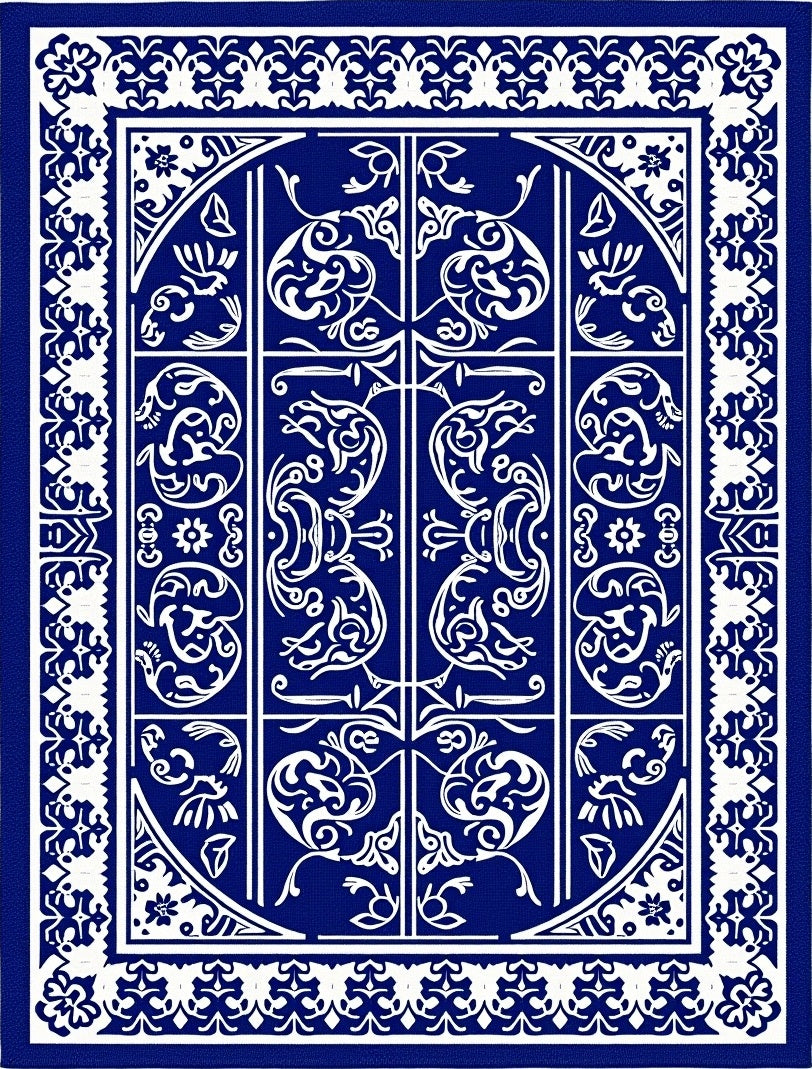 Intricate Blue White Scrollwork Rug