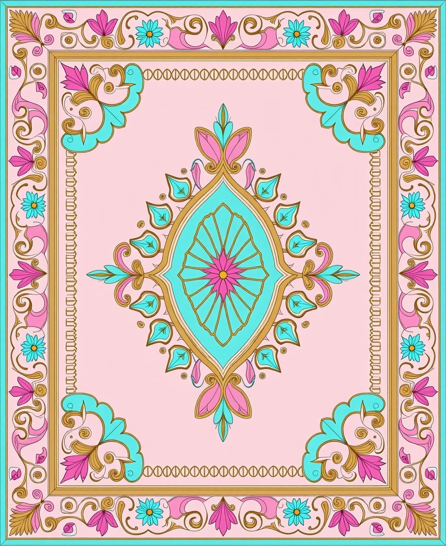 Pink Teal Golden Floral Medallion Rug