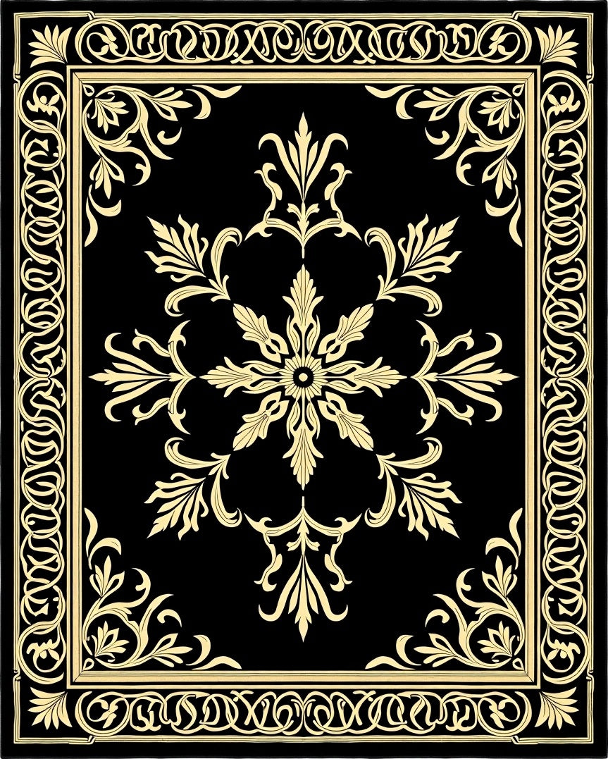 Classic Black Golden Floral Border Rug