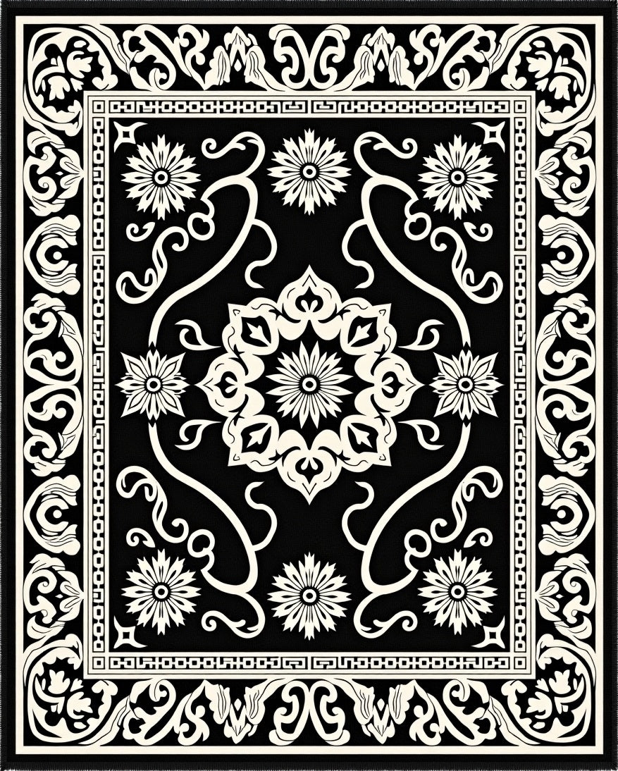 Black White Floral Scrollwork Medina Rug