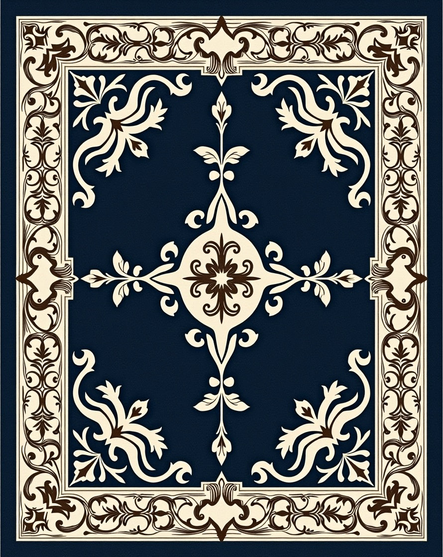 Ornate Floral Dark Blue Motif Rug