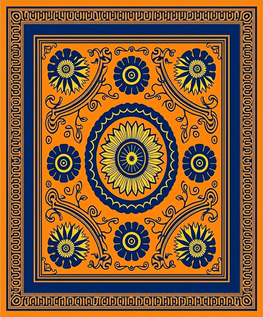 Vibrant Orange Blue Floral Medallion Rug