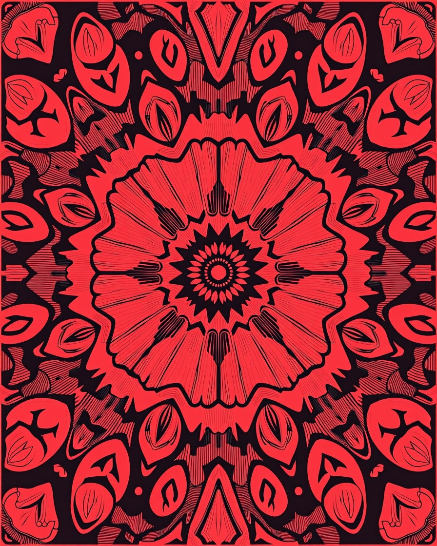 Striking Red Floral Sunburst Pattern Rug